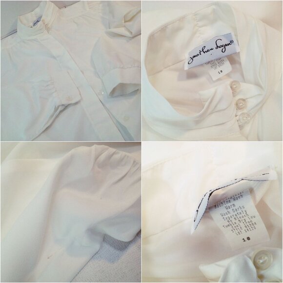 Vintage 80s Jonathan Logan Blouse Top -10 Buttons Pleats MockNeck Puff LSL Ivory - Picture 7 of 9